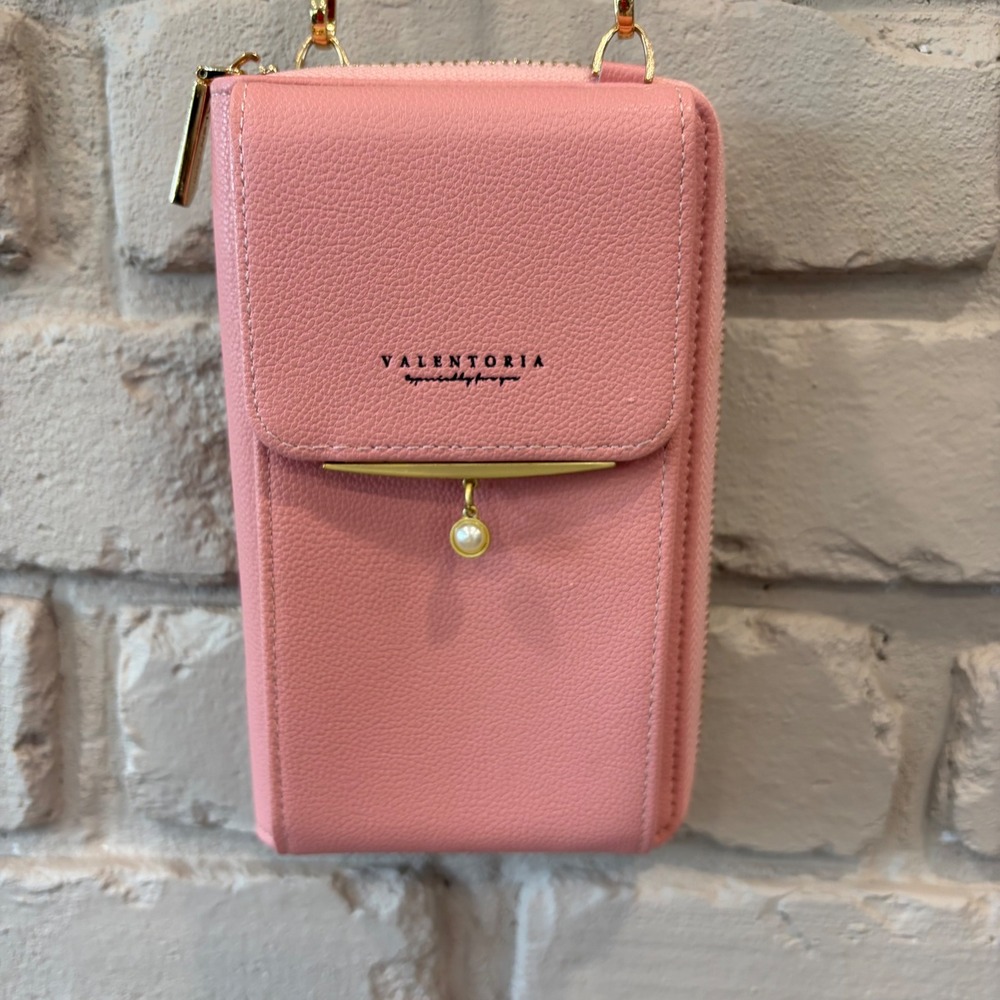 Valentoria Pink Crossbody Phone Bag Wallet Gold Pearl Detail Faux Leather